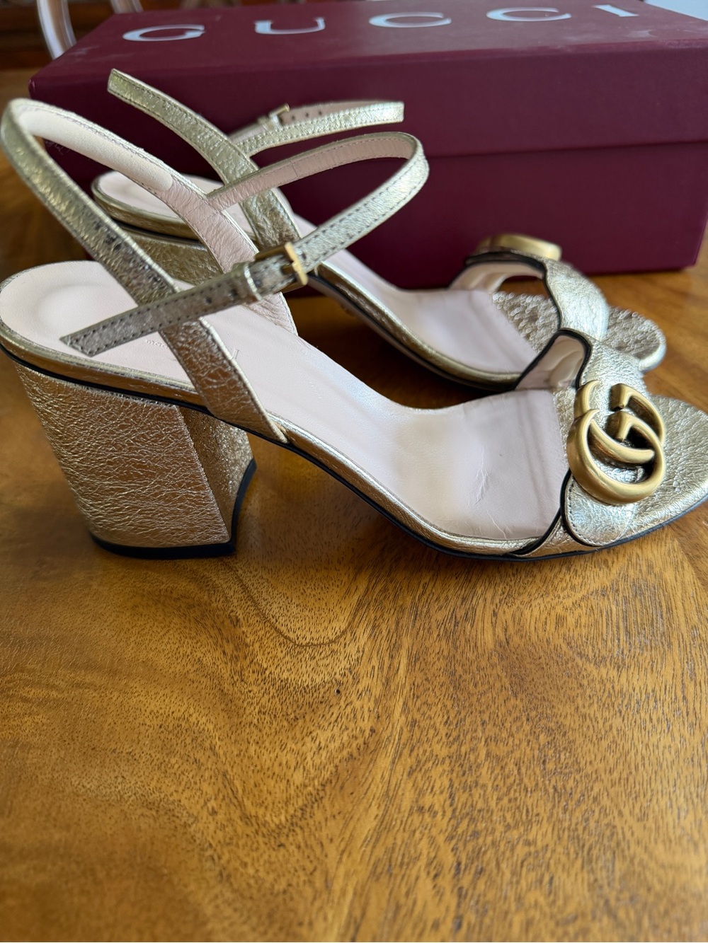 Gucci Gold Metallic Block Heel Sandals with Double G Hardware - Picture 2 of 8